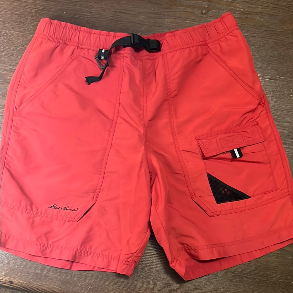 Men's Eddie Bauer Red and Orange cargo pocket multi function Shorts - Picture 6 of 10
